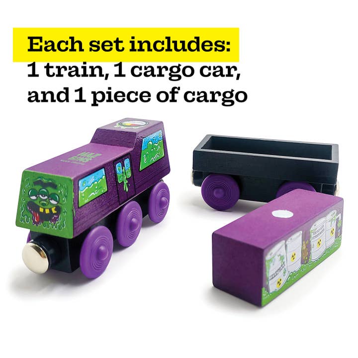 Twinkle Toys LLC - Wholesale Toy Set - Kids - Zany Trains - Toxic Ted - Series 1 - Wooden Train and Cargo Set - Compatible with All Wooden Train Sets