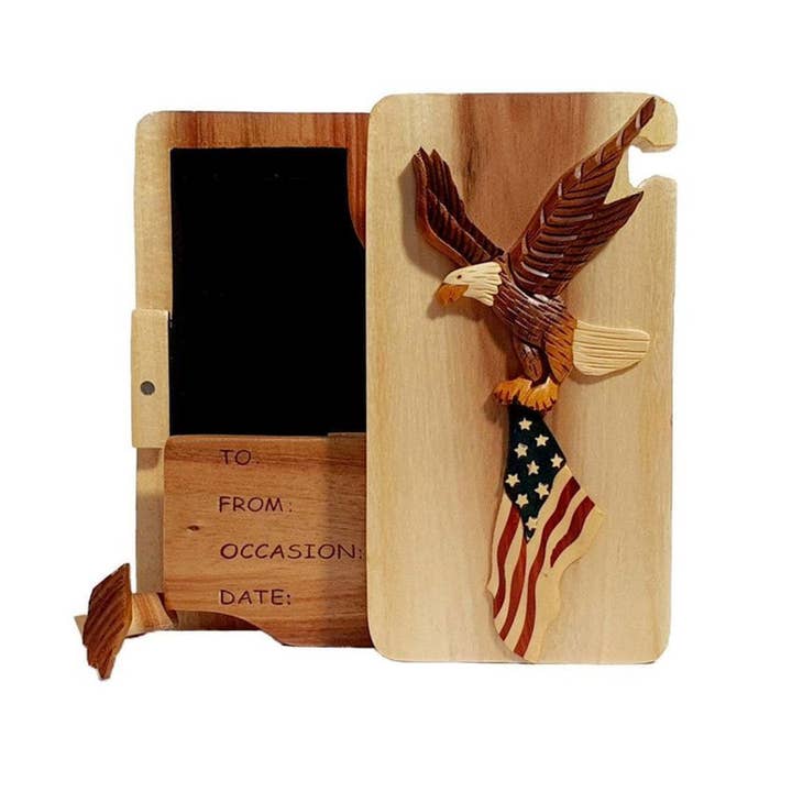 Positive Urns - Wholesale Decorative Box - Eagle and Flag - Hand-Crafted Memorial Keepsake Puzzle Box