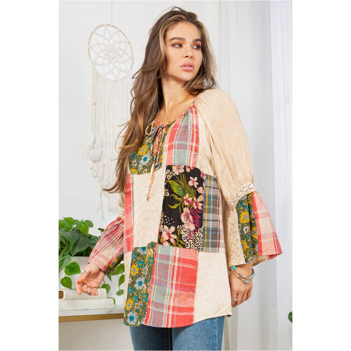 Young Threads - Wholesale Tunic - Women's - Peasant Top with Print Checks Patchwork (New Color)7