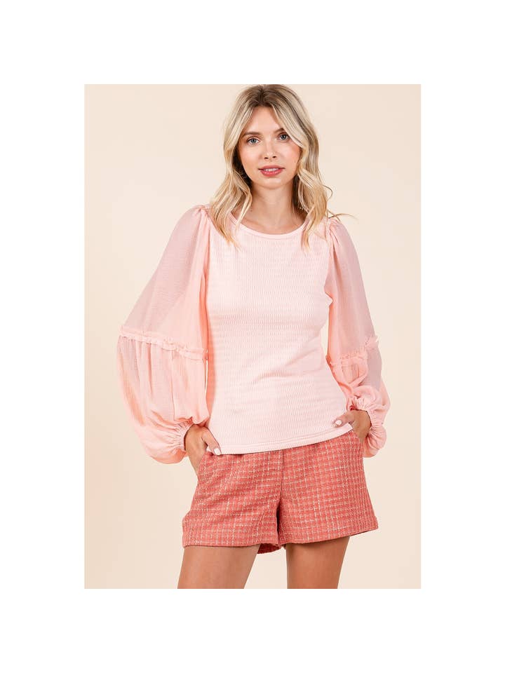 mittoshop - Wholesale Knit Top - Women's - MIXED MEDIA TEXTURED KNIT CHIFFON LONG SLEEVE TOP2