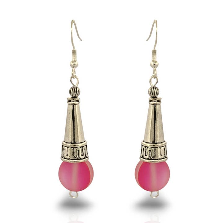 BeSheek Sterling Silver Fucsia Pink Tibetan Filigree Cone and Mermaid Glass Dangle Earrings for wholesale by BESHEEK JEWELRY