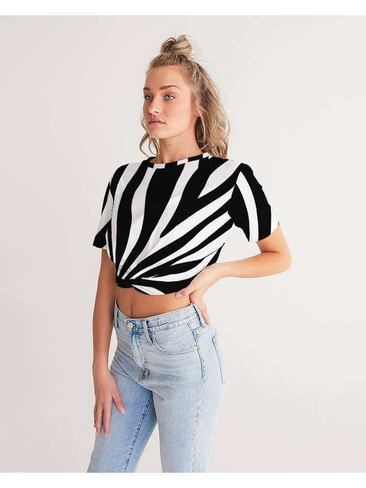 white base color Zebra Women's Twist-Front Cropped Tee for wholesale on Faire7