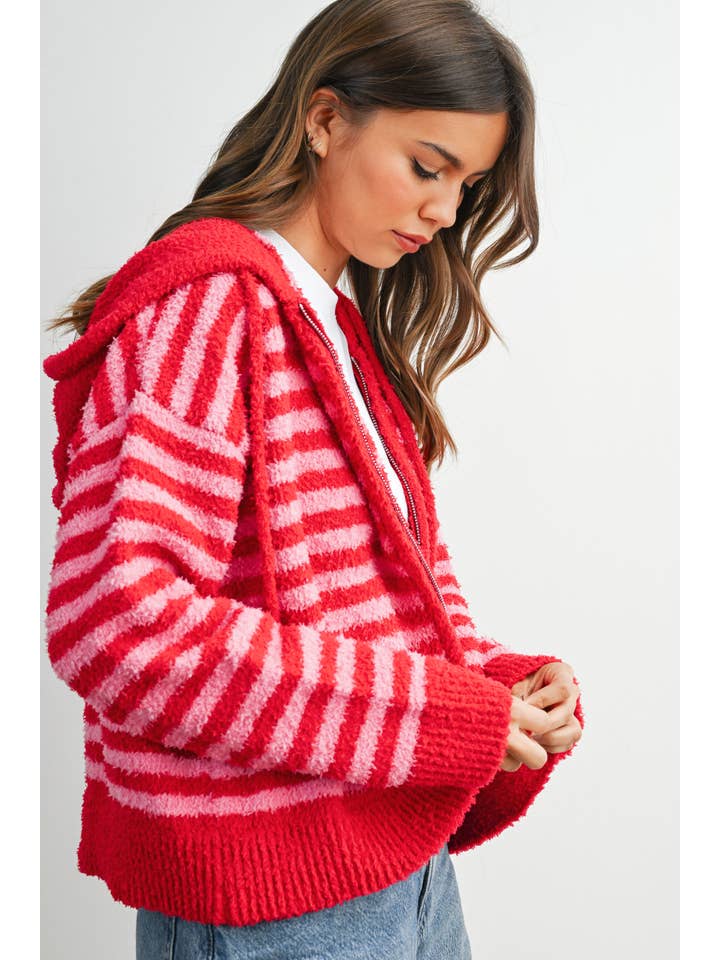 BUTTERMELON - Wholesale Knit Sweater - Women's - Striped Zip-Up Hooded Cardigan - BMC809728