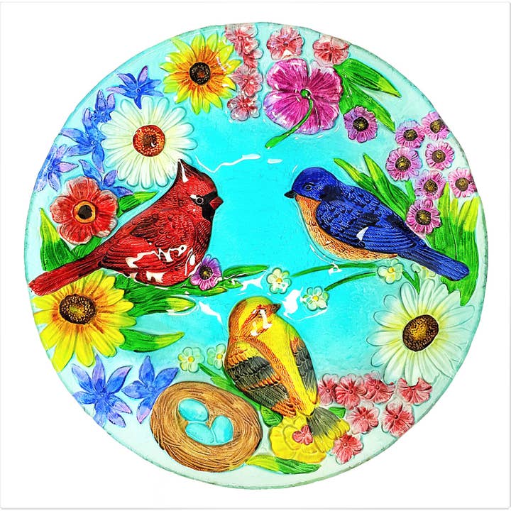 18" Hand Painted Bluebird, Cardinal, & Goldfinch Glass Bowl for wholesale by Continental Art Center