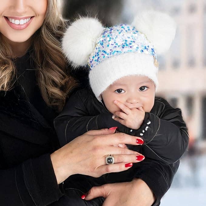 Funky Junque - Wholesale Beanie - Kids - Infant Double Pom Chenille Cuff Sequin Beanie - White1