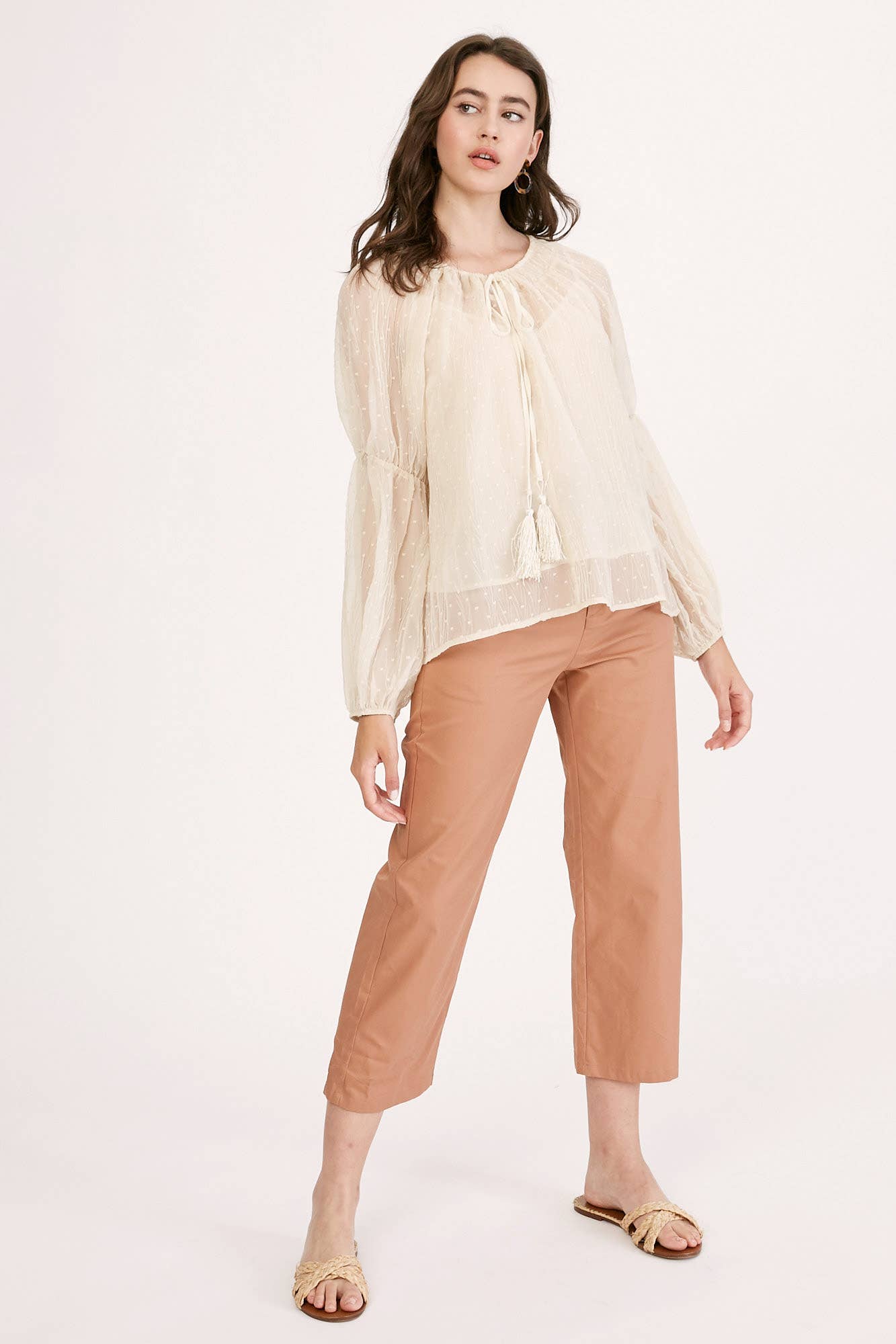 Champagne Swiss Dot Tassel Tie Blouse LT1016 for wholesale on Faire10