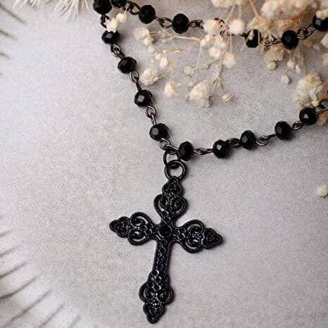 Black Women Gothic Exaggerated Cross Beads Pendant Necklace for wholesale on Faire