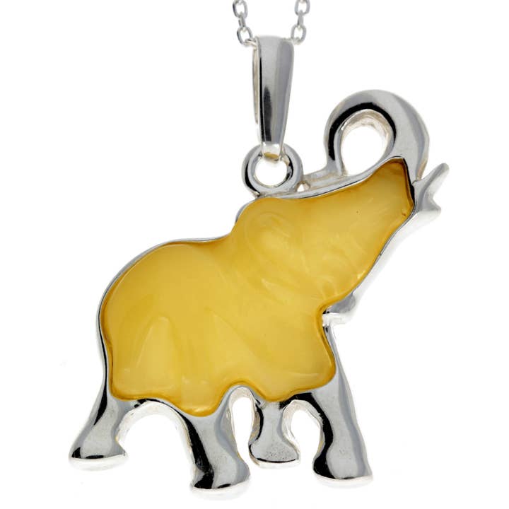 Pendentif en forme d'éléphant porte-bonheur en argent sterling 925 et ambre de la Baltique - AD215 pour la vente par SilverAmber Jewellery