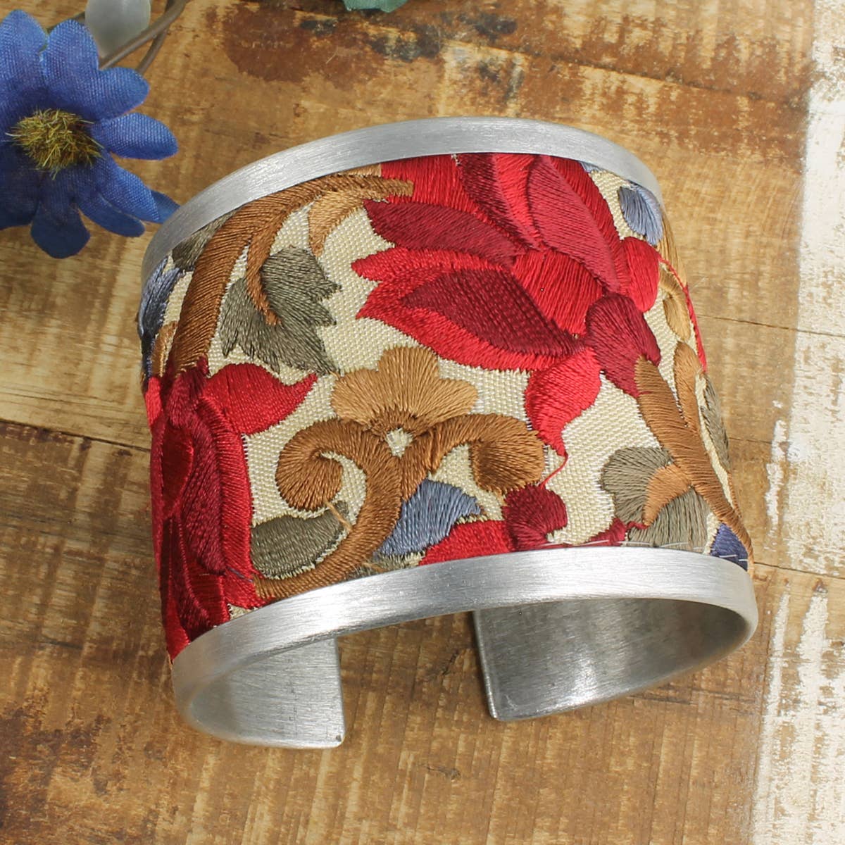 ZAD - Wholesale Cuff Bracelet - Red Flower Embroidered Elegance Cuff Bracelet