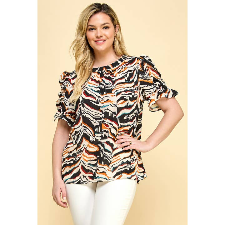PLUS SIZE ELBOW SLEEVE SIDE RUFFLE DETAIL BLOUSE G974377M45X for wholesale by Winslow Collection