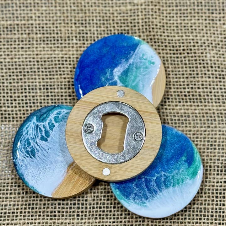 Sea Dreams Coastal Art - Wholesale Bottle/wine opener - Bottle Opener in Ocean Resin, Magnetic, Coaster, wood, , handmade, resin art, bar accessory