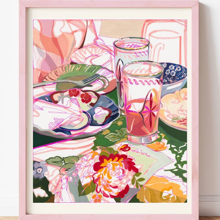 "Brunch Party" Pink Retro Still Life Signed Giclee Print for wholesale by Anissa Riviere Art and Prints