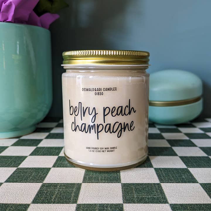 Berry Peach Champagne Scented Soy Wax Candle for wholesale by Oswald and Ari