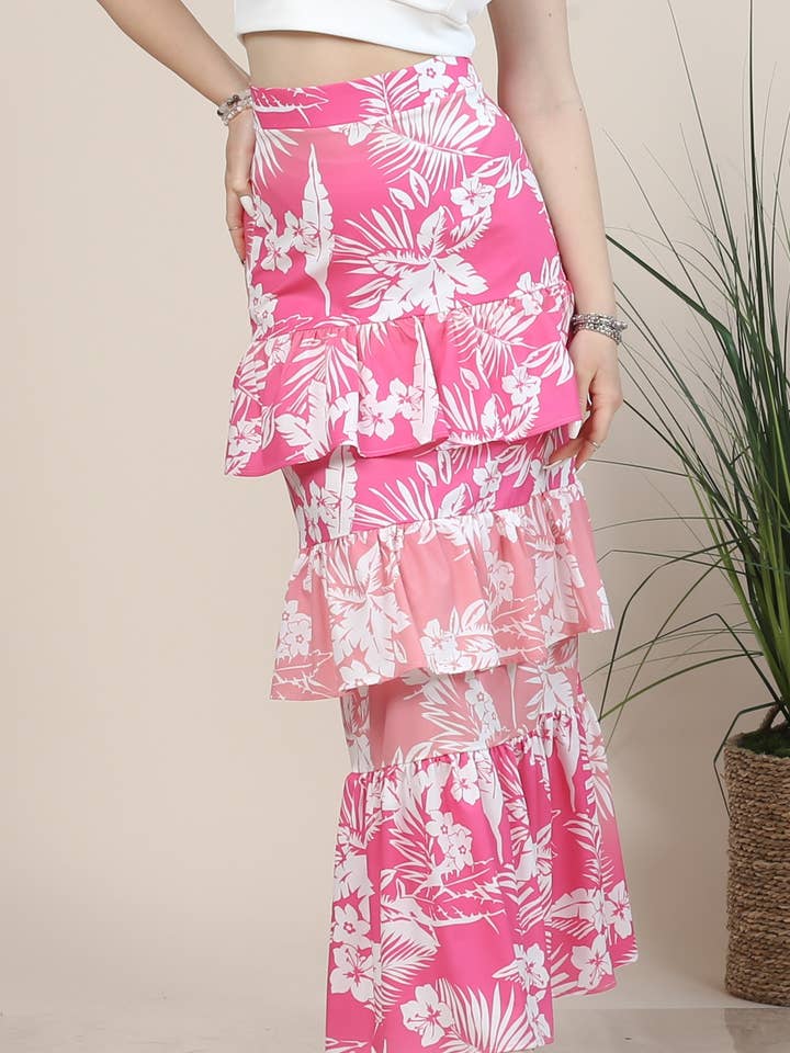 Gonna a vita alta con volant e stampa floreale rosa S1450-4752 per la vendita all'ingrosso da parte di Nylon Apparel