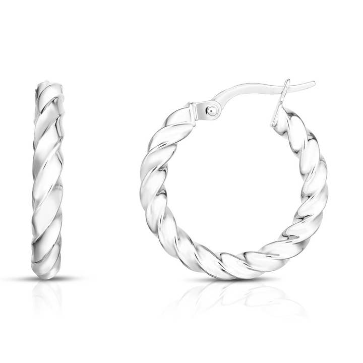 Pendiente de aro de 3 x 15 mm con acabado blanco en oro de 14 quilates con cierre de bisagra para venta al por mayor de The Diamond Deal