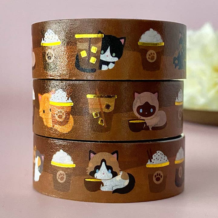 Coffee Cats Gold Foil Washi Tape for wholesale by Meow Amor Creative