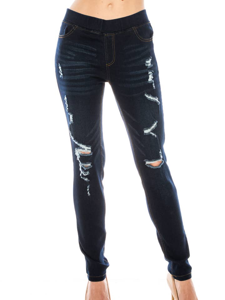 Color 5 – wholesale Jeans - Dam – Mörk rippad dra på jeans stretch denim skinny jegging byxor