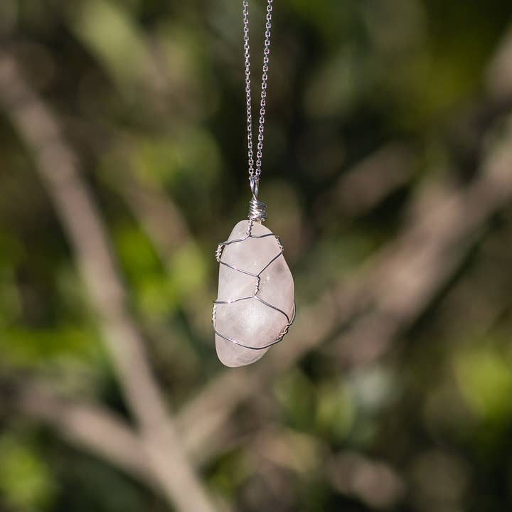 Rose Quartz Wire Wrapped Necklace for wholesale by Evida Co.
