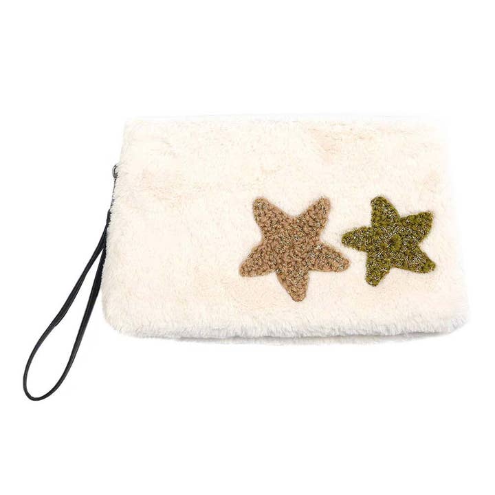 Pochette da polso Star Patches Fuzzy in pelliccia sintetica per la vendita all'ingrosso da parte di Shopping2help