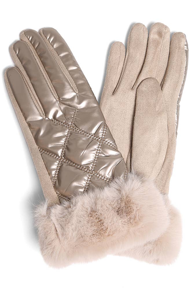Hana – Engroshandel Handsker - Dame – Skinnende quiltede handsker med imiteret pels manchetter3