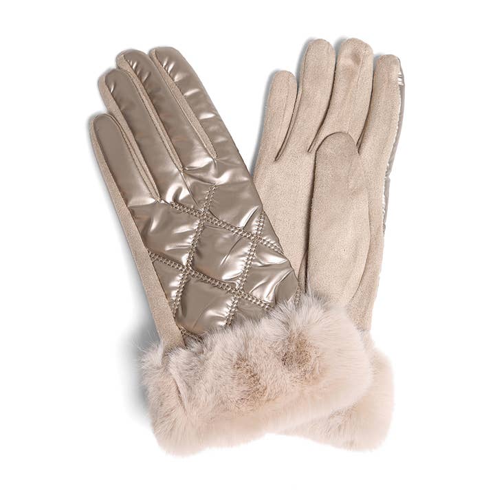 Hana – Engroshandel Handsker - Dame – Skinnende quiltede handsker med imiteret pels manchetter3