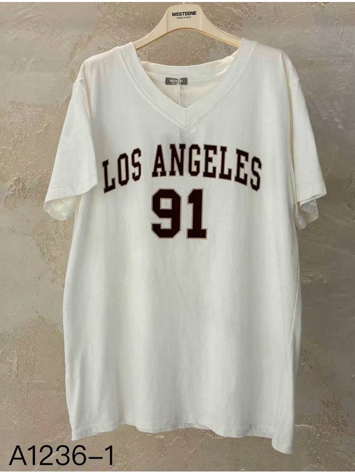 Blanc T-shirt oversize à col en V Los Angeles en vente sur Faire6