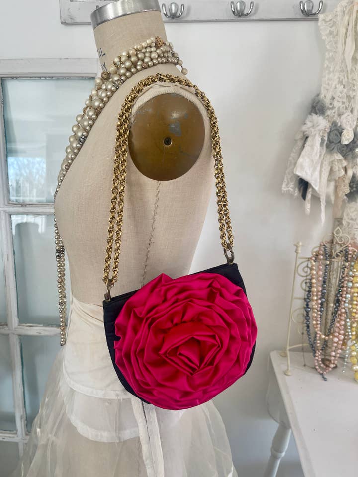 Black Matte Satin Vintage Evening Bag withRed Satin Flower for wholesale by Farm Charm Couture