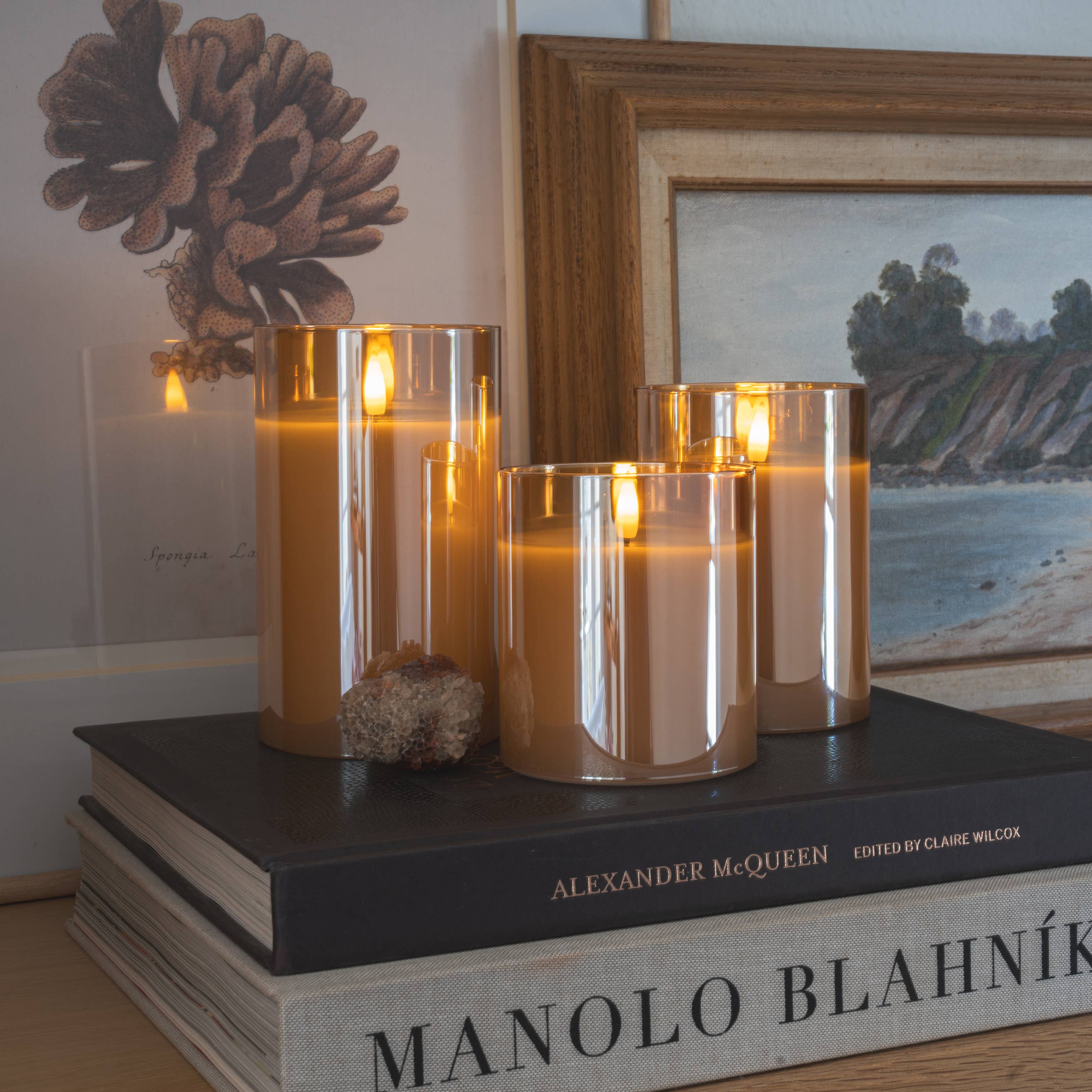 Sandstone & Sage - Wholesale Jar/filled candle - Flameless LED Hurricane Glass Candles - White and Amber16