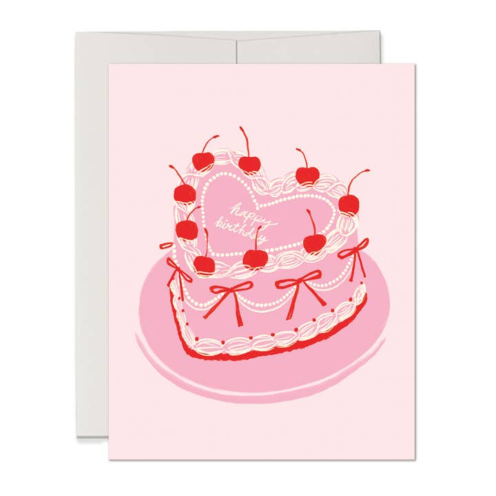 Carte d'anniversaire avec gâteau en forme de cœur et cerises pour la vente par Three Strands Design