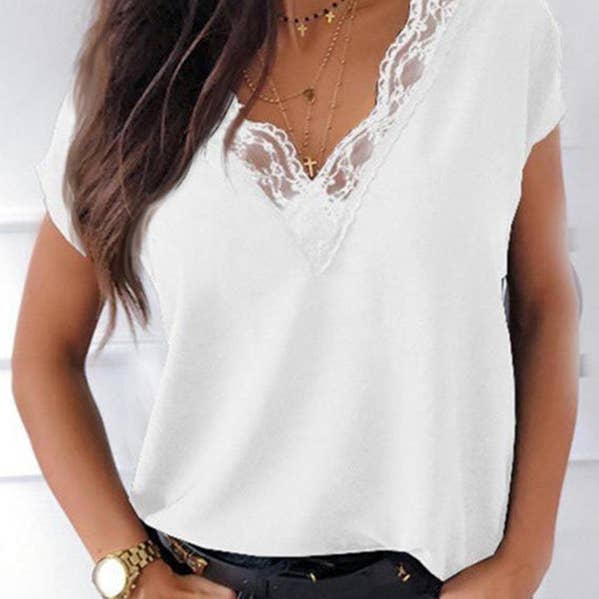 Loose Plus Size Hollow Solid Color Split-Joint V-Neck T-Shirts for wholesale by UZ Wholesale Store