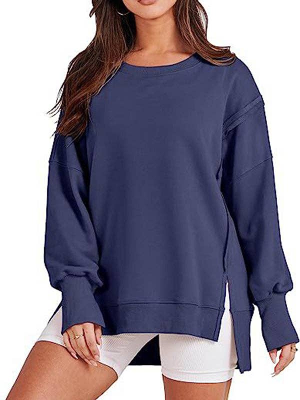 UZ Wholesale Store - Wholesale Sweatshirt - Women's - High-Low Long Sleeves Fringed Solid Color Split-Joint Split-Side Round-Neck Sweatershirt6