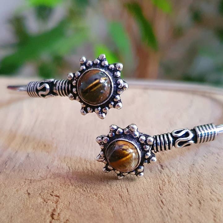 Bali Flower Silver Bracelet / Tiger Eye / Bangle / Ethnic / Rustic / Bohemian / Hippie / Gypsy / Psy / Adjustable for wholesale by Kaali Boutique