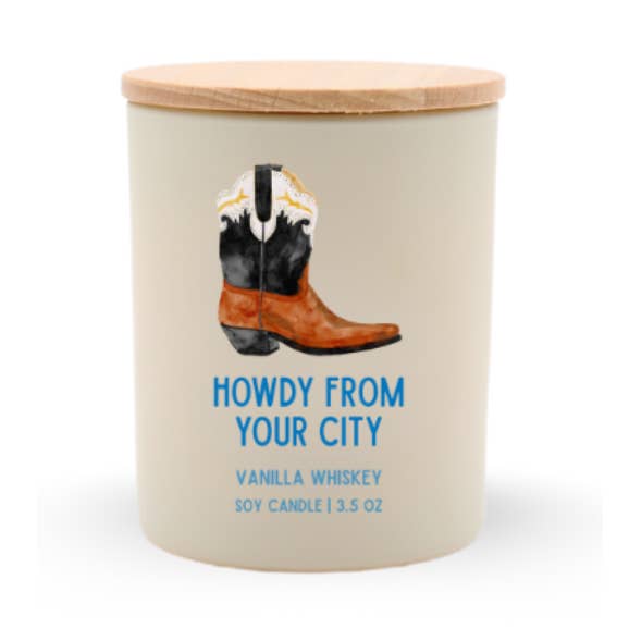 Howdy Y'all Travel Soy Candle, Optional Name Drop for wholesale by ROAM Homegrown