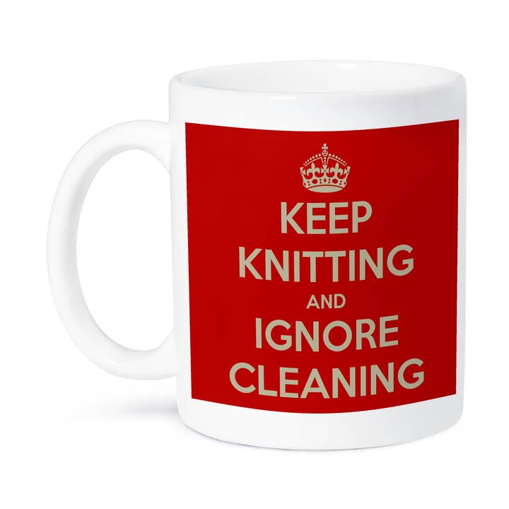 3dRose, Continue a tricotar e ignore a limpeza, Vermelho, Caneca por atacado de 3dRose