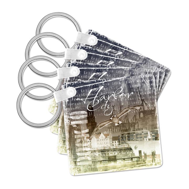 3dRose - Wholesale Keychain - Unisex - 3dRose, Hamburg Germany Harbor Illustration In Blue, Key Chain