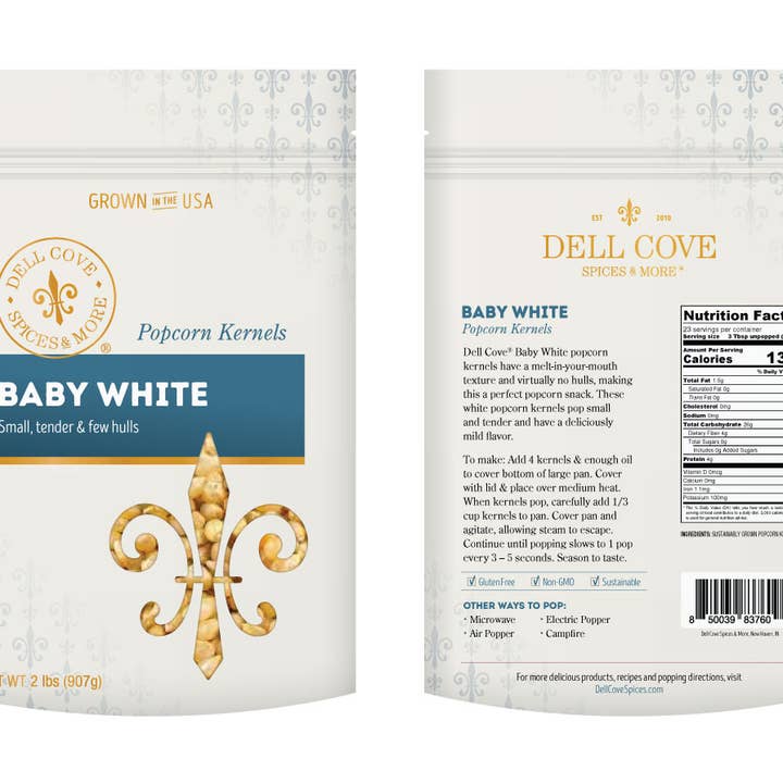 Dell Cove Spices & More Co. - Wholesale Popcorn Kernels - Baby White Popcorn Kernels - 2 Pound Bag - Hulless Pop Corn