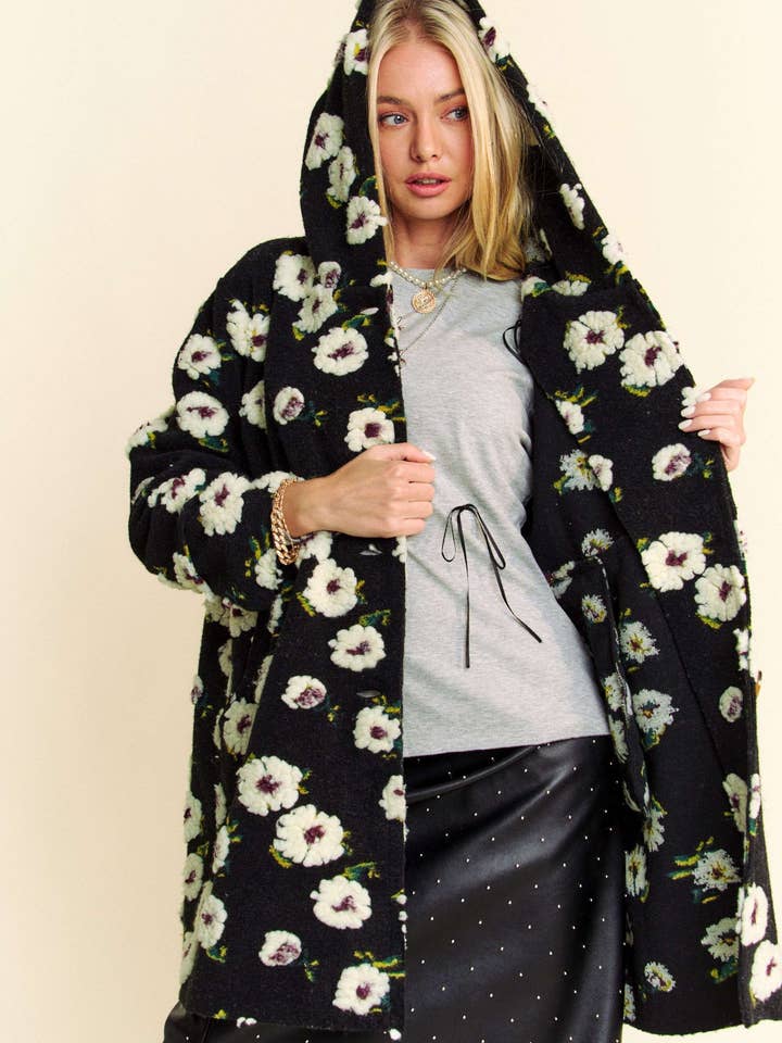 Davi & Dani - Wholesale Jacket – Women's - FLORAL POCKET CHUNKY BUTTON FRONT HOODIE JACKET1