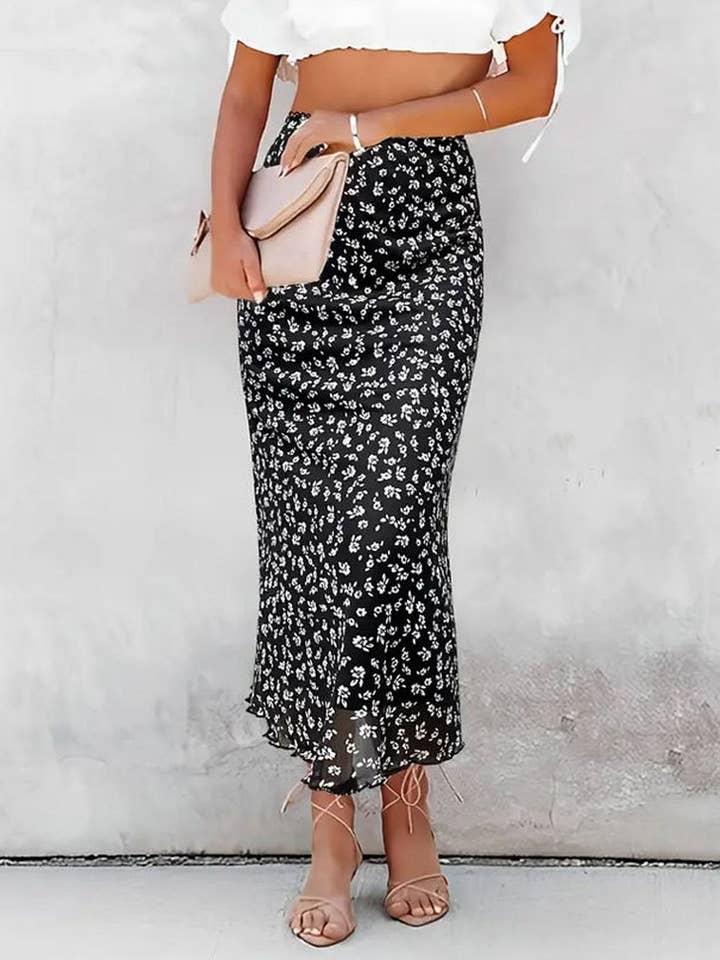 Black CWBMS0120_GAUZE FLORAL LONG HALF LIFE SKIRT for wholesale on Faire