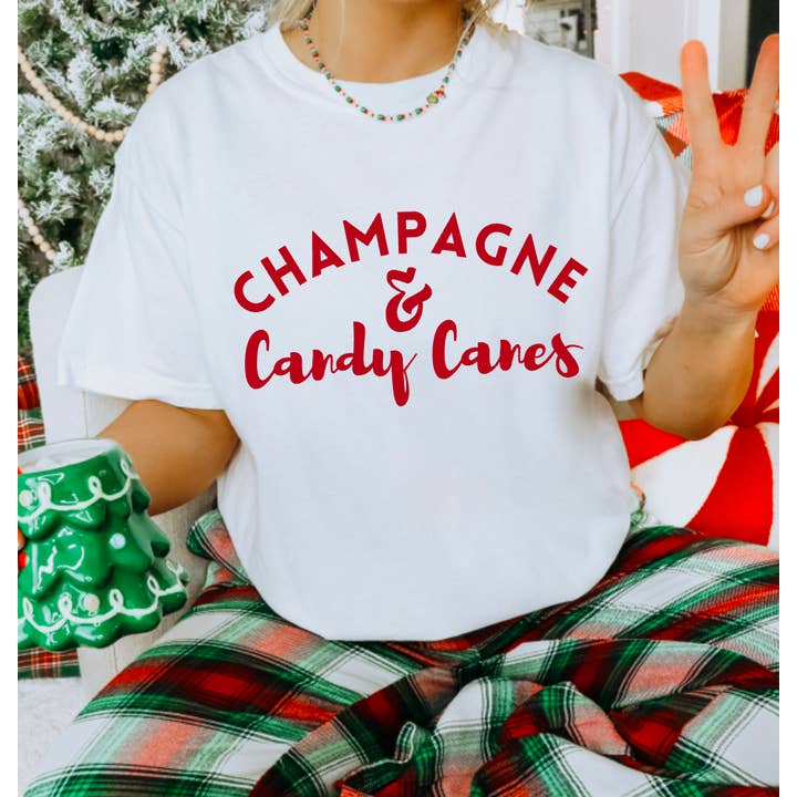 Champagne & Candy Canes Graphic Tee Christmas for wholesale by Gia Gifts Boutique