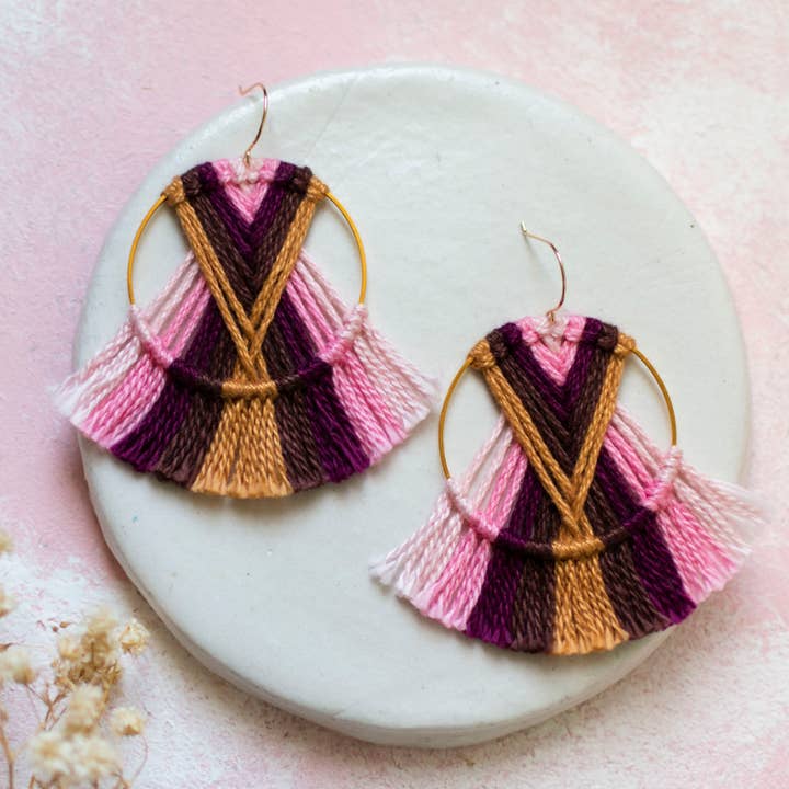 DREAM CATCHER PINK BLOSSOM EARRINGS, MACRAME EARRINGS for wholesale by Prachi's Bohemian Art