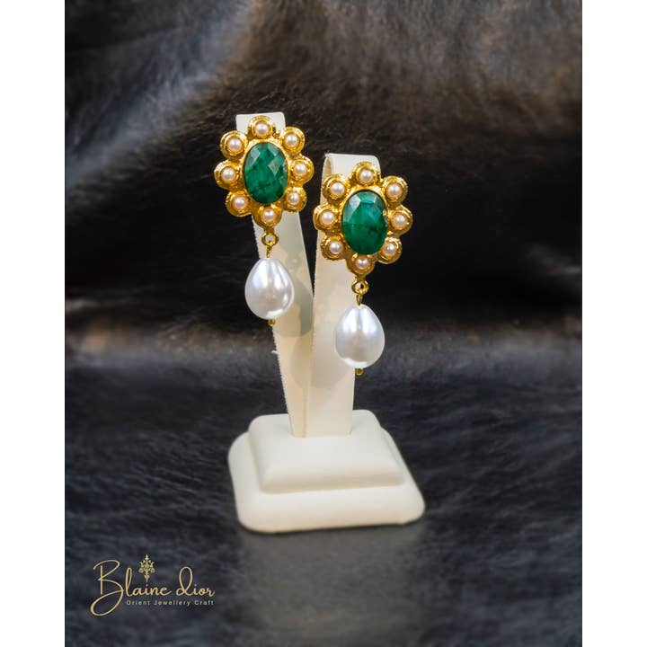 BlaineDor - Vendita all'ingrosso Orecchini pendenti - Orecchini Reali Indiani in Oro con Smeraldo Naturale e Perla3