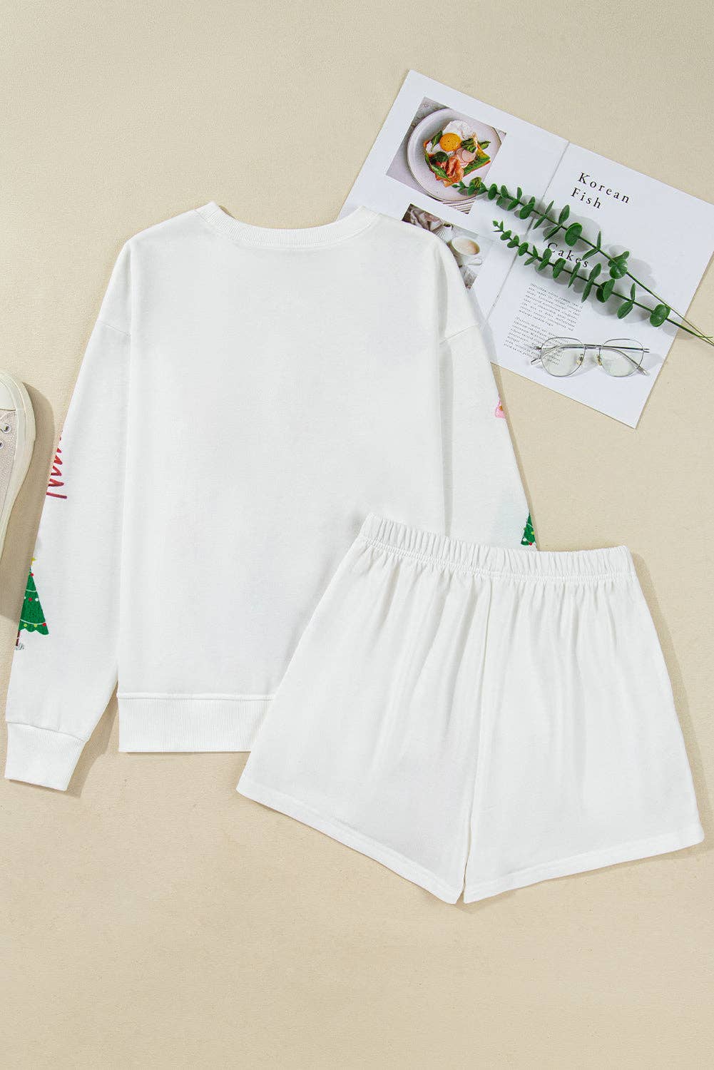White Stripe Multi Christmas Tree Long Sleeve Top and Shorts 2pcs Lounge Set for wholesale on Faire4