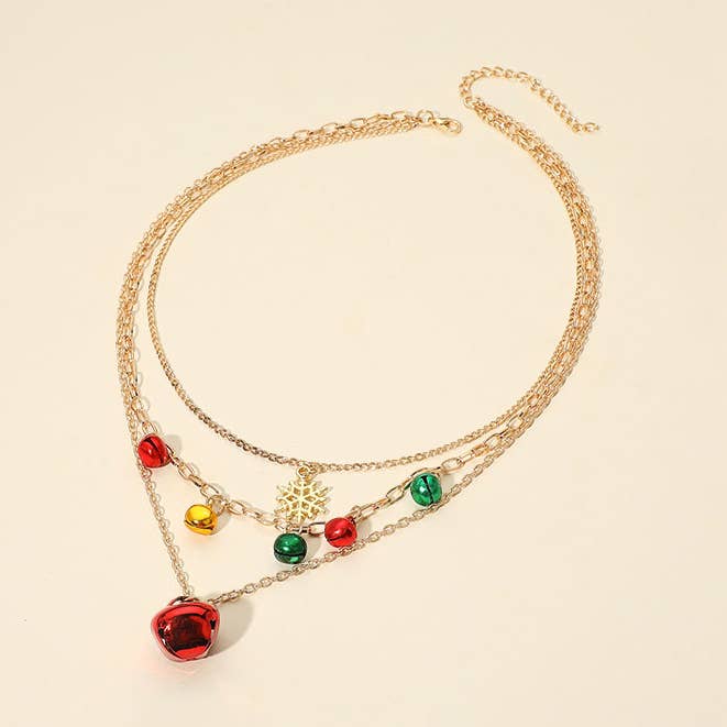 12PCS - Holiday Snowflake Jingle Bell Charm Accent Layered Necklaces for wholesale by Sensibling Corp.