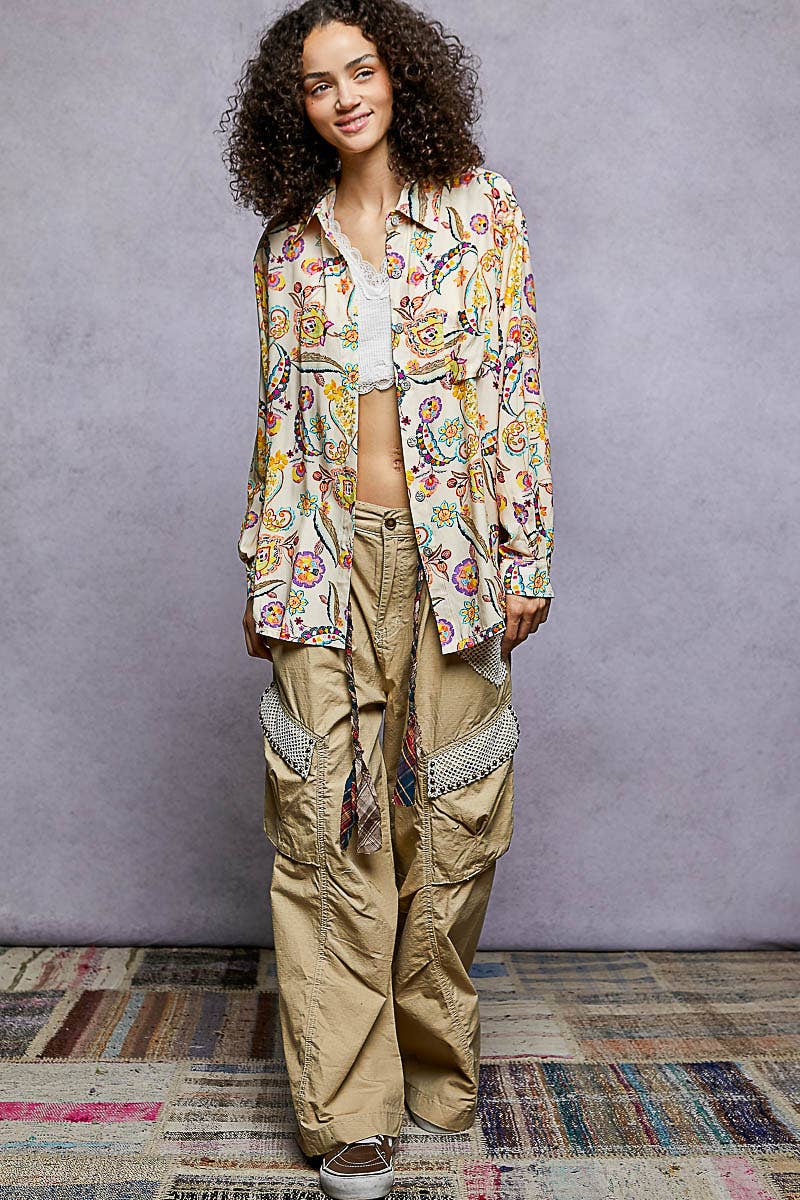 Pol Clothing - Vente Chemise à col boutonné – femme - Haut chemise tissé à manches longues imprimé floral13