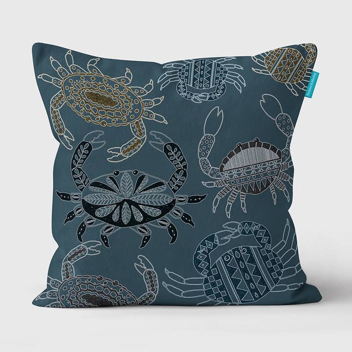 Scraffito Crab Blue Cushion for wholesale by Perkins & Morley