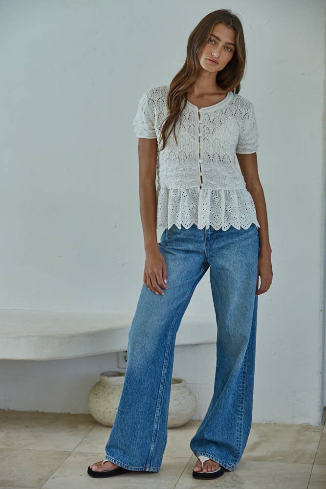 Ivory W2407 | Knit Sweater Round Neck Short Sleeve Button Down Top for wholesale on Faire1