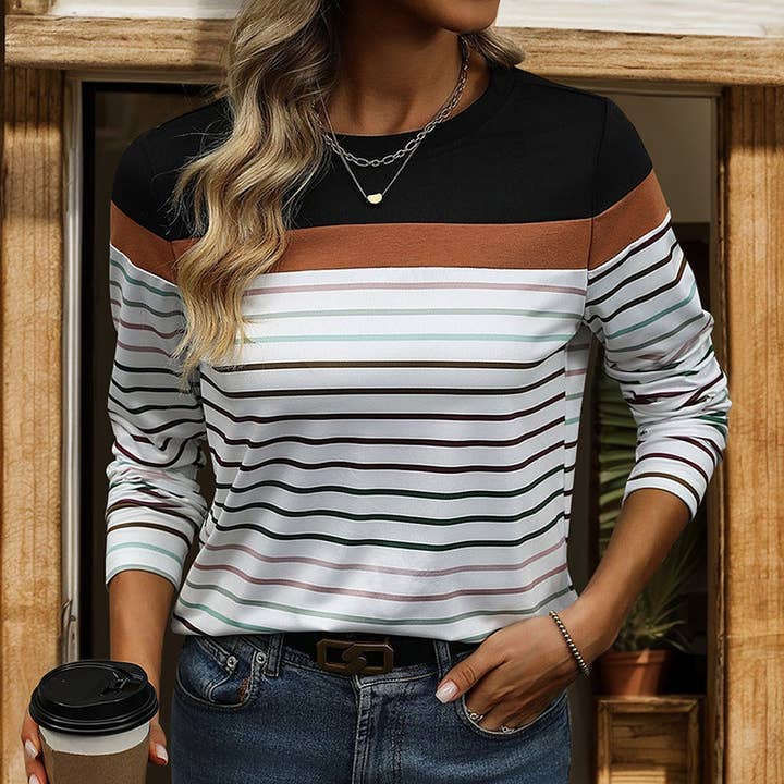 Black Crew Neck Colored Striped Contrast Long Sleeve T-Shirt for wholesale on Faire