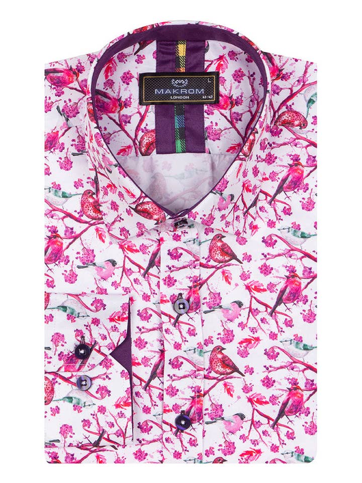 Purple Birds in Tree Print Long Sleeve Shirt for wholesale by Makrom