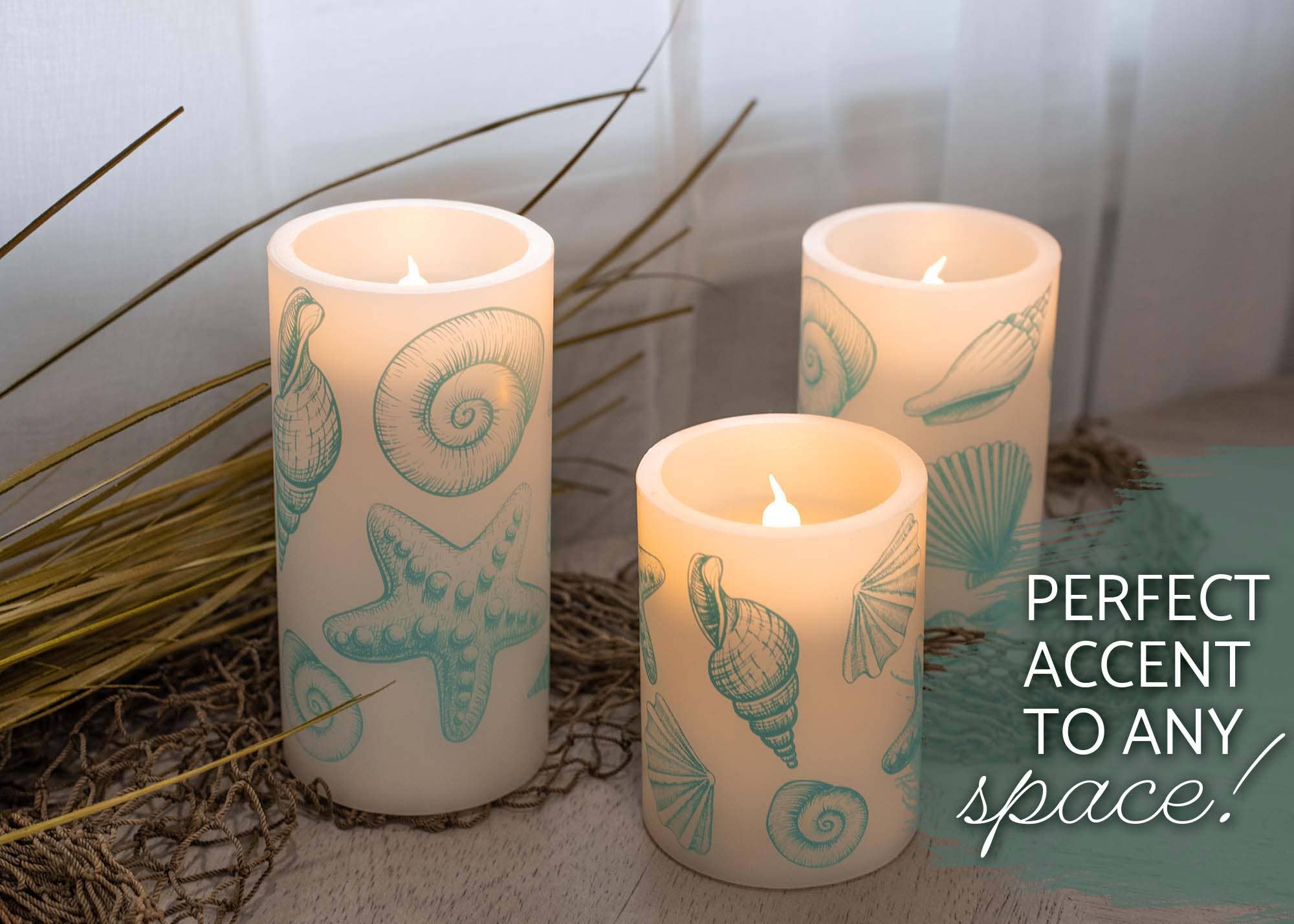 EAST AVENUE – wholesale Flameless candle – Seashells Nautical Blue 6 inch Flameless Candles Set of 35