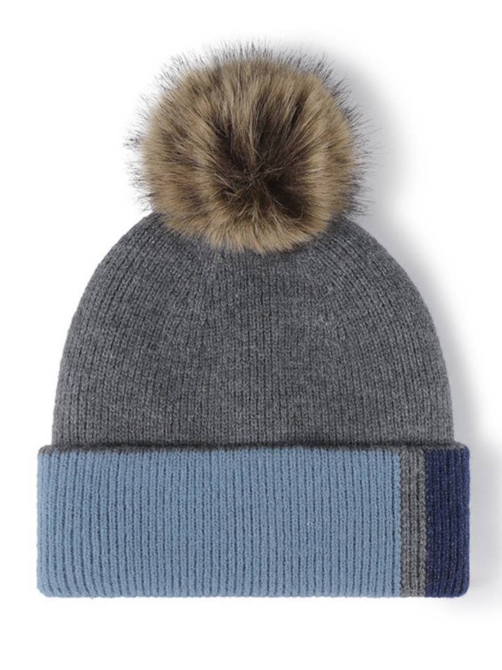 Splicing Color Block Padded Knit Pom Beanie DPH0504 for wholesale by Dipped Shop